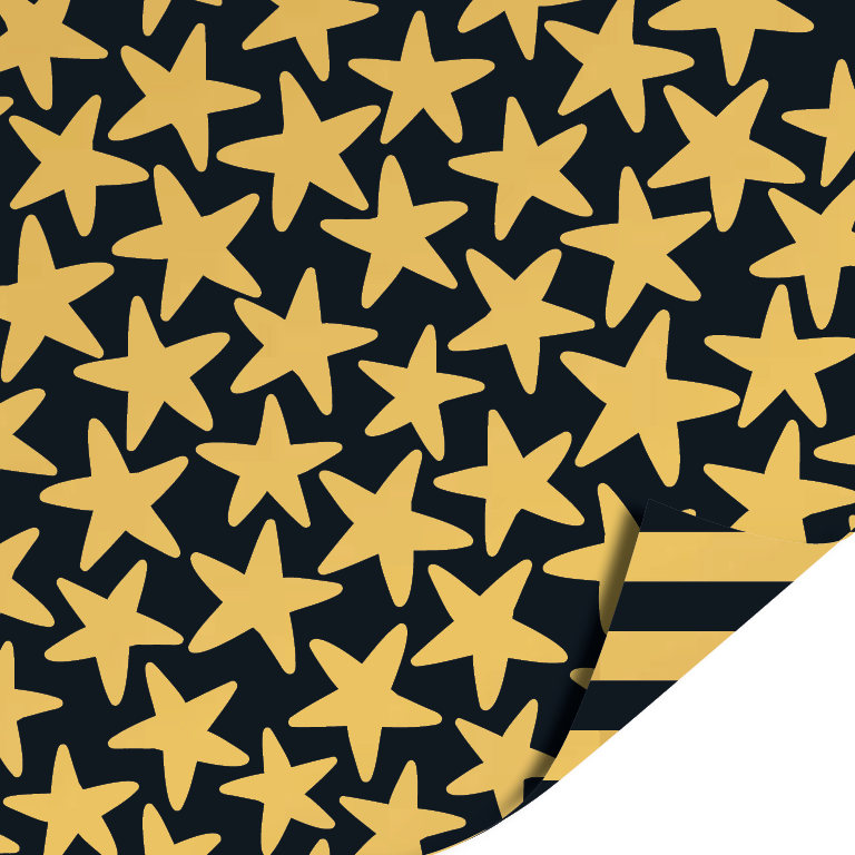 Black & Gold Big Stars cadeaupapier met gouden sterren en zwart-gouden strepen binnenzijde – Liefs en Lintjes