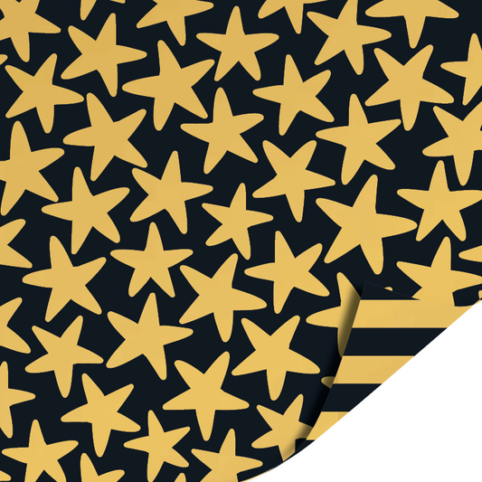 Black & Gold Big Stars cadeaupapier met gouden sterren en zwart-gouden strepen binnenzijde – Liefs en Lintjes