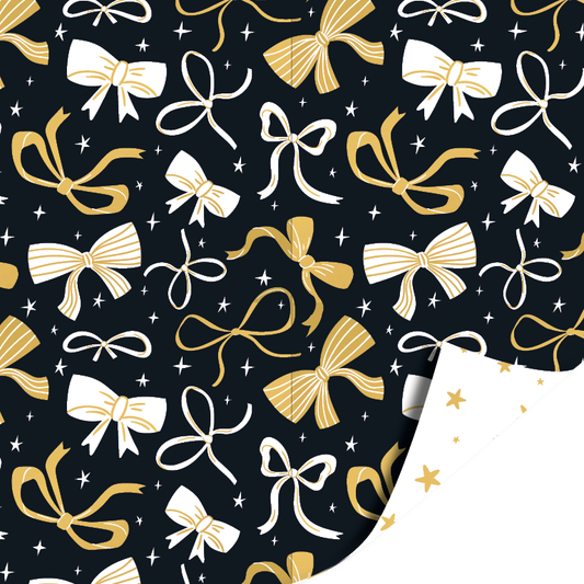 Black & Gold Bows cadeaupapier met gouden en witte strikken en binnenzijde met gouden sterren – Liefs en Lintjes