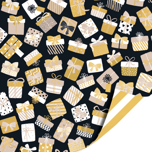Black & Gold Presents cadeaupapier met cadeautjes op zwarte achtergrond en goud/wit strepen binnenzijde – Liefs en Lintjes