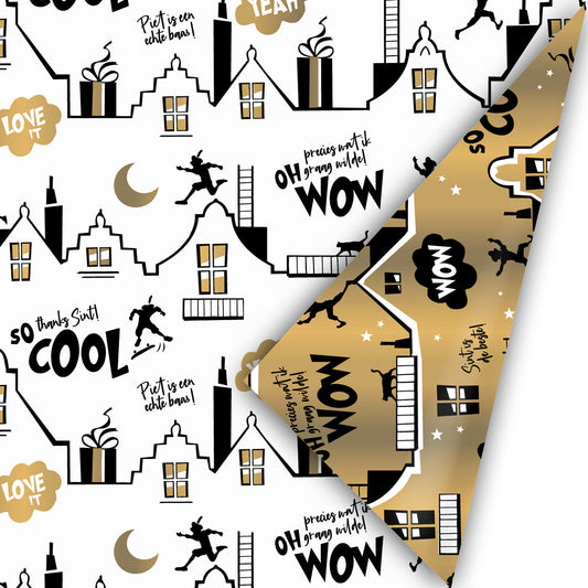 Cadeaupapier cool sint | wit/goud 50cm