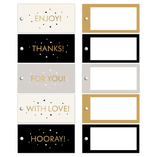 Set van vijf stijlvolle cadeaukaartjes in zwart, wit en goud met teksten ENJOY, THANKS, FOR YOU, WITH LOVE en HOORAY, verkrijgbaar bij Liefs en Lintjes.
