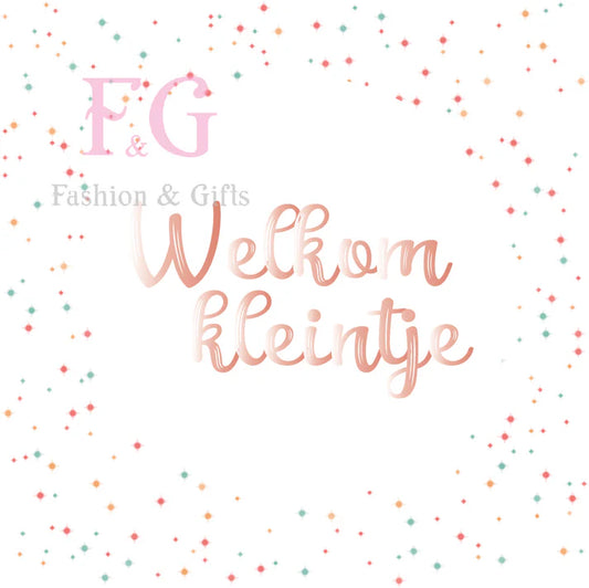 Vierkant cadeaukaartje met kleurrijke sterretjes en koperfolie tekst Welkom kleintje, verkrijgbaar bij Liefs en Lintjes.