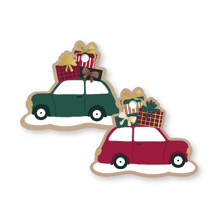 Cadeaulabel Auto met Cadeaus in groen en rood, dubbelzijdig bedrukt – set van 2 – 63x53mm – Liefs en Lintjes