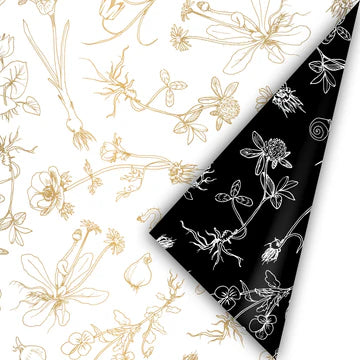 Cadeaupapier met botanisch lijnenspel van bloemen in goud op wit en wit op zwart – dubbelzijdig papier van 2 meter lang, stijlvol voor luxe cadeaus.