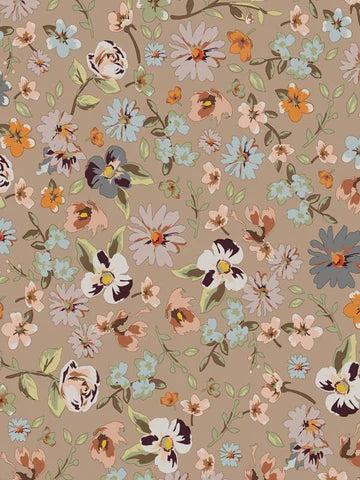 Cadeaupapier met klassieke bloemenprint in pastelkleuren op taupe achtergrond – 50 cm breed en 2 meter lang, ideaal voor elegante cadeaus.