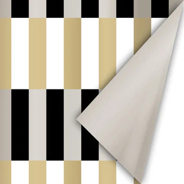 Cadeaupapier met verticale blokken in zwart, goud, wit en taupe – 50 cm breed, 2 meter lang en perfect voor luxe en moderne cadeaus.