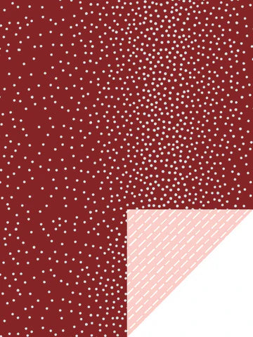 Cadeaupapier Dots & Dashes met witte stippen op rood en roze binnenzijde met witte streepjes – 50 cm breed, 2 meter lang, dubbelzijdig.
