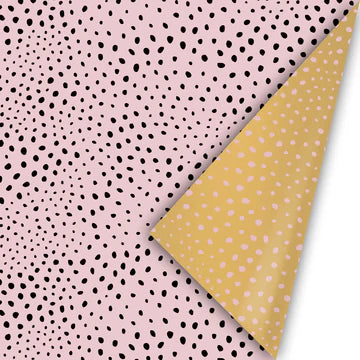 Cadeaupapier Flock Pink & Gold met roze stippen en goudkleurige stipjes aan de binnenzijde – 50 cm breed, 3 meter lang, perfect voor feestelijke geschenken.