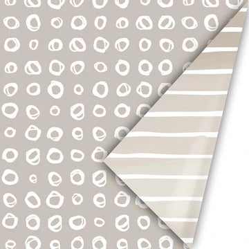 Cadeaupapier Line Art Champagne met cirkels op champagnekleurige achtergrond, met witte streepjes binnenzijde – 50 cm breed, 3 meter lang, dubbelzijdig.
