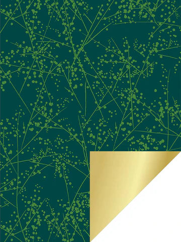 Cadeaupapier Paris Chic Green/Gold met groen takkenpatroon op groene achtergrond, met gouden binnenzijde – 50 cm breed, 2 meter lang.