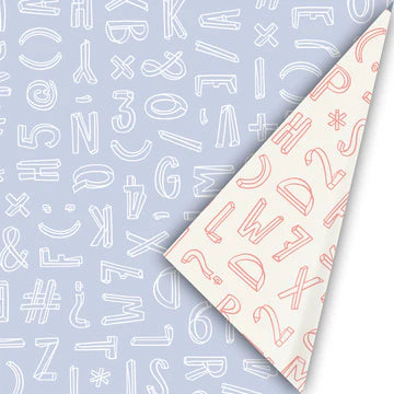 Cadeaupapier Typo Graphic Blue/Neon met blauwe achtergrond en neon roze cijfers en letters – 50 cm breed, 3 meter lang.