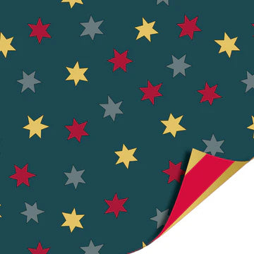 Cadeaupapier 70 cm – Big Stars Rood/Goud met sterrenprint op donkergroen en rode achterkant met goud – Liefs en Lintjes