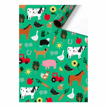 Cadeaupapier 70 cm – Boerderij Groen met boerderijdieren en tractors op groene achtergrond – Liefs en Lintjes