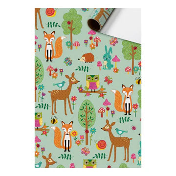 Cadeaupapier 70 cm – Bosdieren Mintgroen met vossen, hertjes en andere bosdieren op mintgroene achtergrond – Liefs en Lintjes