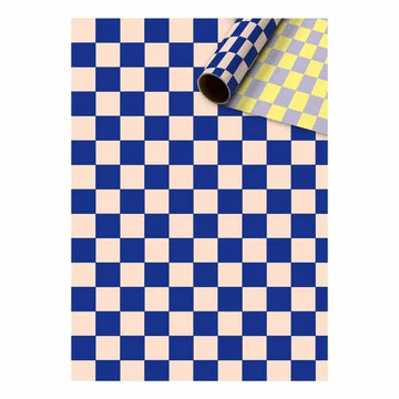 Cadeaupapier 70 cm – Checkers Blauw/Geel met dubbelzijdig schaakbordmotief – Liefs en Lintjes