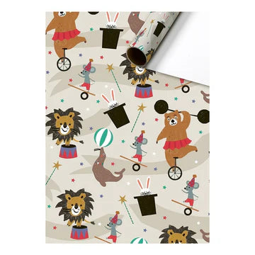 Cadeaupapier 70 cm – Circus Dieren Beige met kleurrijke illustraties van circusdieren op beige achtergrond – Liefs en Lintjes