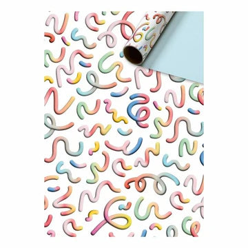 Cadeaupapier 70 cm – Colorful Squiggles Wit met kleurrijke krullijnen en lichtblauwe achterkant – Liefs en Lintjes