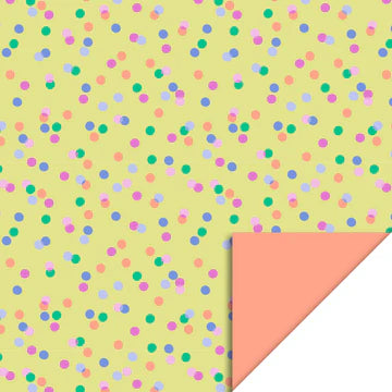 Cadeaupapier 70 cm – Confetti Geel/Zalm met kleurrijke stippen en zalmroze achterkant – Liefs en Lintjes