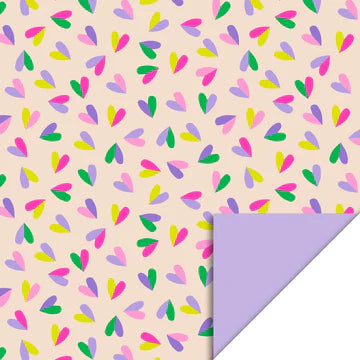 Cadeaupapier 70 cm – Duo Hearts Beige/Lila met kleurrijke hartjes en lila achterkant – Liefs en Lintjes