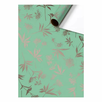 Cadeaupapier 70 cm – Floral Mint/Zilver met zilverkleurige bloemenprint op mintgroene achtergrond – Liefs en Lintjes