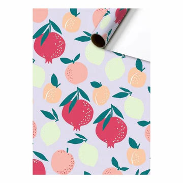 Cadeaupapier 70 cm – Fruitmix Pastel met perziken, citroenen en granaatappels op lila achtergrond – Liefs en Lintjes