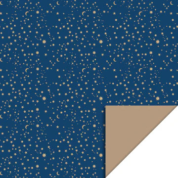 Cadeaupapier 70 cm – Galaxy Midnight Donkerblauw/Taupe met gouden sterren en taupe achterkant – Liefs en Lintjes
