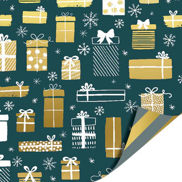 Cadeaupapier 70 cm – Gifts Groen/Goud met cadeautjes en sneeuwvlokken op groene achtergrond en gestreepte achterkant – Liefs en Lintjes