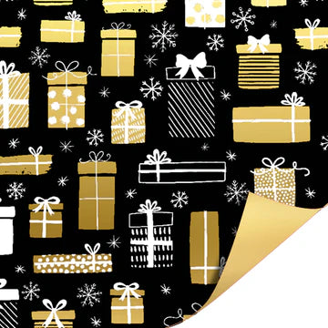 Cadeaupapier 70 cm – Gifts Zwart/Goud met cadeautjes en sneeuwvlokken op zwarte achtergrond en goudkleurige achterkant – Liefs en Lintjes