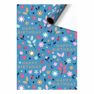 Cadeaupapier 70 cm – Happy Birthday Blue Flowers met bloemenprint in blauwe en groene waterverf op witte achtergrond – Liefs en Lintjes