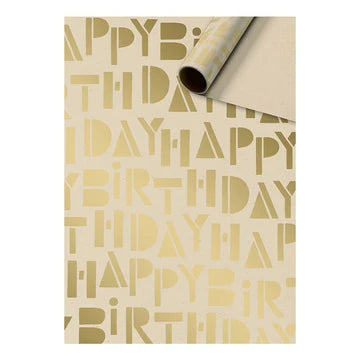 Cadeaupapier 70 cm – Happy Birthday Goud/Beige met grafische gouden opdruk op beige achtergrond – Liefs en Lintjes