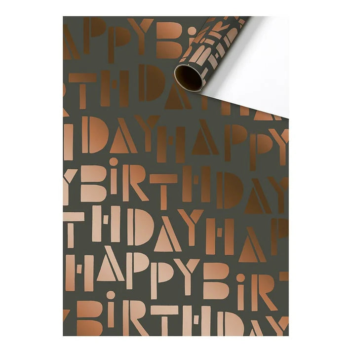 Cadeaupapier 70 cm – Happy Birthday Grijs/Koper met koperkleurige letters en grijze achtergrond – Liefs en Lintjes