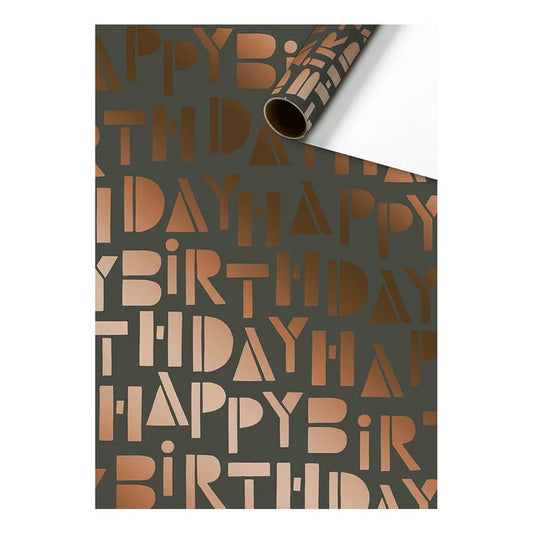 Cadeaupapier 70 cm – Happy Birthday Grijs/Koper met koperkleurige letters en grijze achtergrond – Liefs en Lintjes