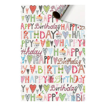 Cadeaupapier 70 cm – Happy Birthday Hartjes met kleurrijke teksten en hartjes op witte achtergrond – Liefs en Lintjes