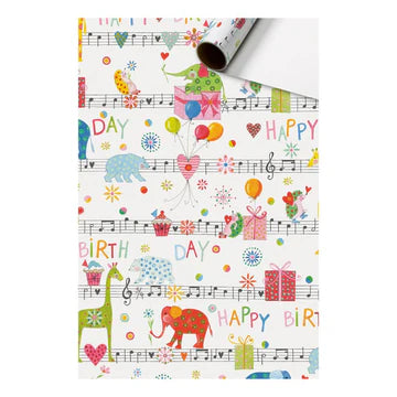 Cadeaupapier 70 cm – Happy Birthday Muziekdieren met feestelijke illustraties van dieren, muzieknoten en ballonnen op witte achtergrond – Liefs en Lintjes