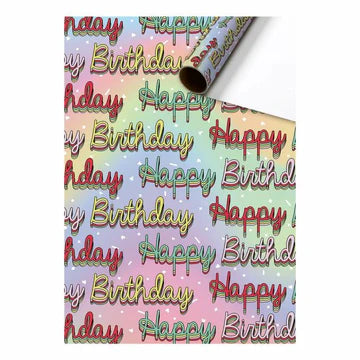 Cadeaupapier 70 cm – Happy Birthday Regenboog Metallic met kleurrijke metallic opdruk op regenboogachtergrond – Liefs en Lintjes
