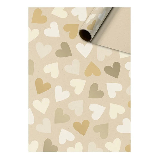Cadeaupapier 70 cm – Hartjes Goud/Wit/Beige met metallic hartjes en verfijnde kleuren – Liefs en Lintjes
