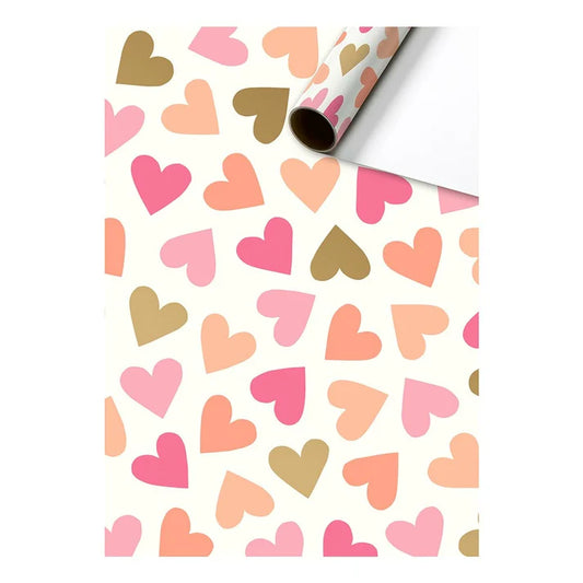 Cadeaupapier 70 cm – Hartjes Roze/Goud/Zalm met metallic hartjes en pasteltinten op witte achtergrond – Liefs en Lintjes