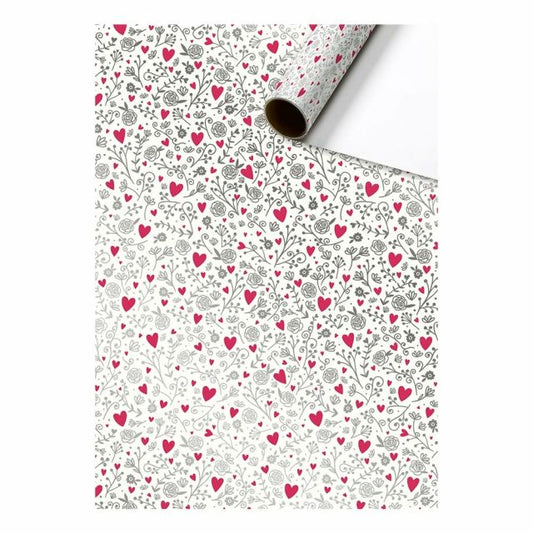 Cadeaupapier 70 cm – Hearts Metallic Pink met metallic hartjes op witte achtergrond – Liefs en Lintjes