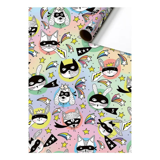 Cadeaupapier 70 cm – Hero Pets met dieren in heldhaftige stijl op een speelse achtergrond – Liefs en Lintjes