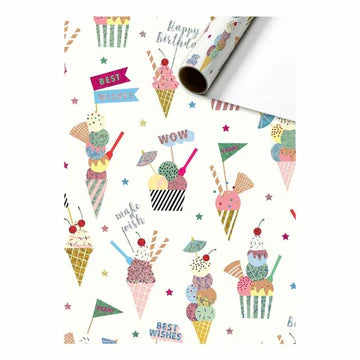 Cadeaupapier 70 cm – IJsjes & Wensen met vrolijke illustraties van ijsjes en feestteksten op crème achtergrond – Liefs en Lintjes