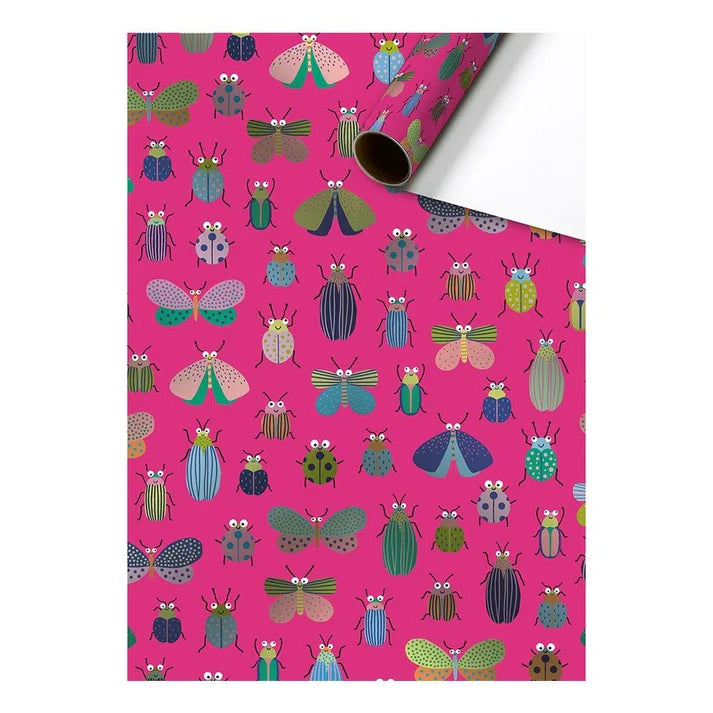 Cadeaupapier 70 cm – Insecten Roze Metallic met metallic insecten op roze achtergrond – Liefs en Lintjes