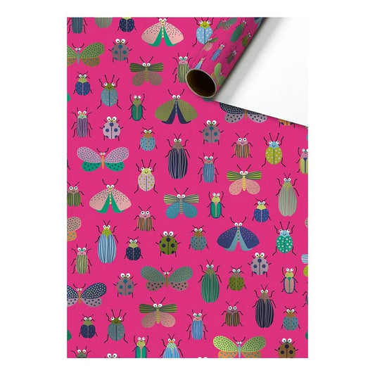 Cadeaupapier 70 cm – Insecten Roze Metallic met metallic insecten op roze achtergrond – Liefs en Lintjes