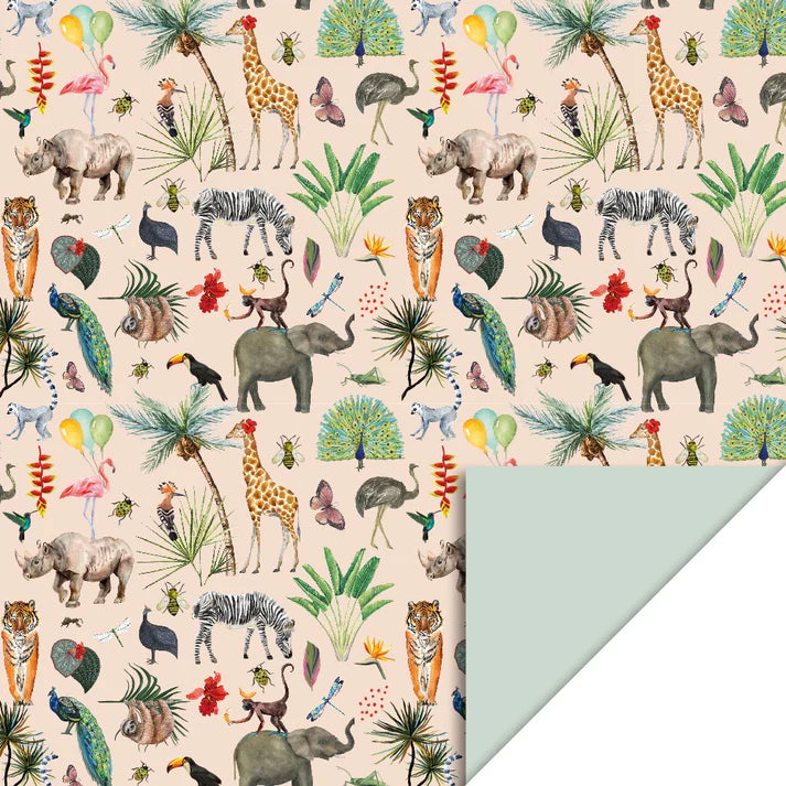 Cadeaupapier 70 cm – Jungle Beige/Pistache met bladeren en jungleprint in beige en pistachegroen – Liefs en Lintjes