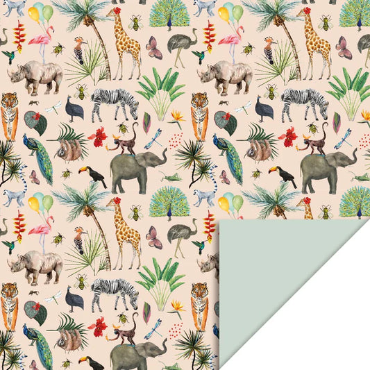 Cadeaupapier 70 cm – Jungle Beige/Pistache met bladeren en jungleprint in beige en pistachegroen – Liefs en Lintjes
