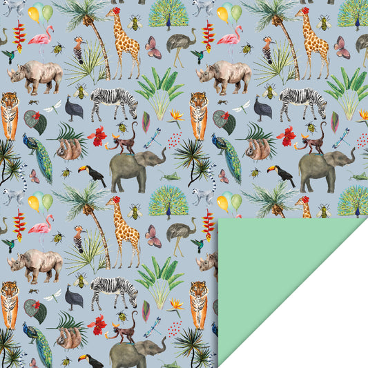 Cadeaupapier 70 cm – Jungle Blauw/Mint met kleurrijke jungle-dieren en effen mintkleurige binnenkant – Liefs en Lintjes