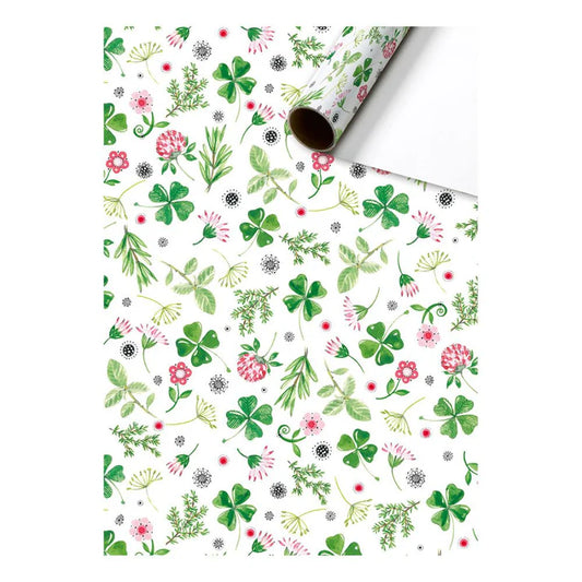Cadeaupapier 70 cm – Klavertjes met groene klavertjes op witte achtergrond – Liefs en Lintjes
