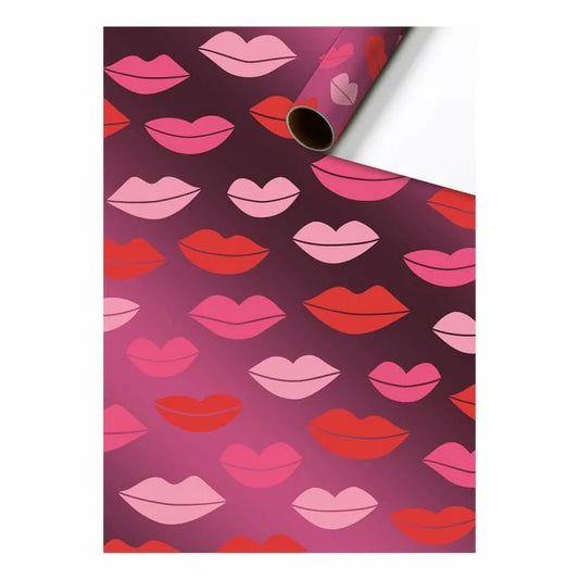 Cadeaupapier 70 cm – Kusjes Roze met metallic kusjes op witte achtergrond – Liefs en Lintjes