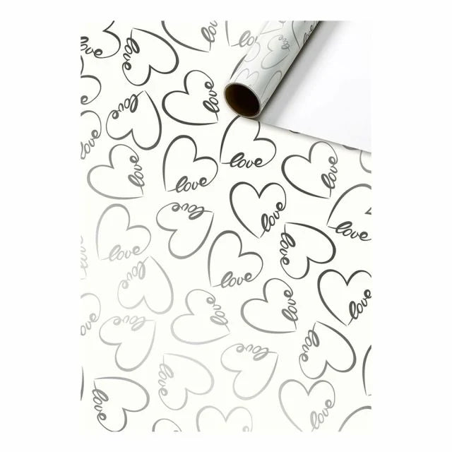 Cadeaupapier 70 cm – Love Hart Wit/Zilver met zilveren hartjes op witte achtergrond – Liefs en Lintjes