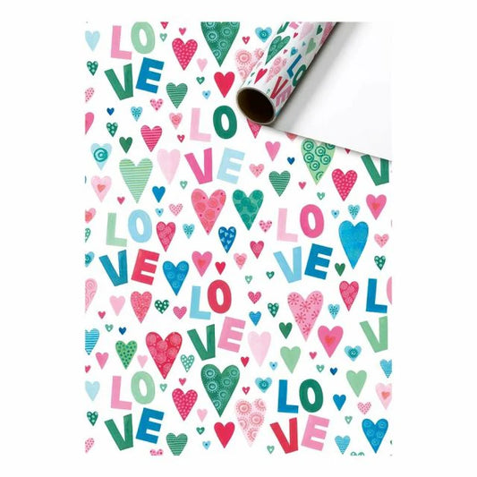 Cadeaupapier 70 cm – Love Vrolijk met kleurrijke Love tekst op vrolijke achtergrond – Liefs en Lintjes
